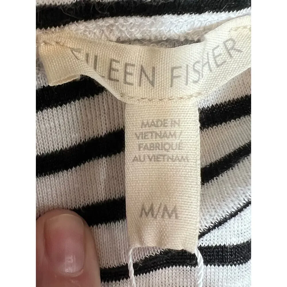 Eileen Fisher Sz M Organic Linen Stripe Long Skirt Midi Maxi Black White Pull On